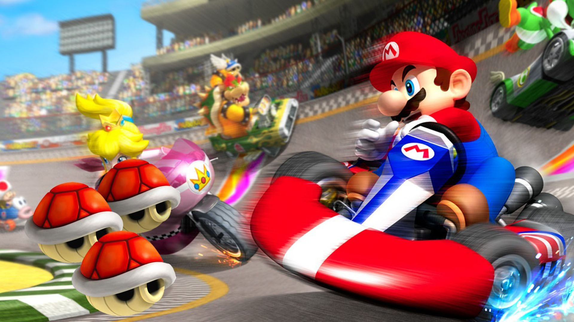 Nintendo's Mario is speeding on a raceway track.